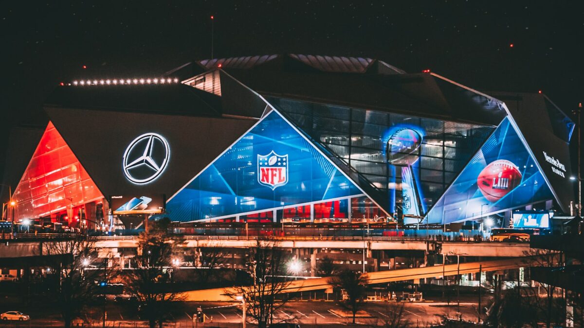 An NFL stadium lit up at night