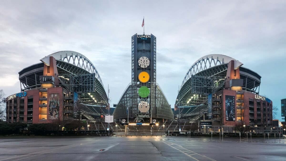 Lumen Field, the Seattle Seahawks' stadium, with the Seattle skyline behind it